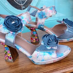 L'ARTISTE SZ 8/38 SPRING STEP "SMASHING -BLUM JEWELED BLOCK HEEL SANDALS NWOT